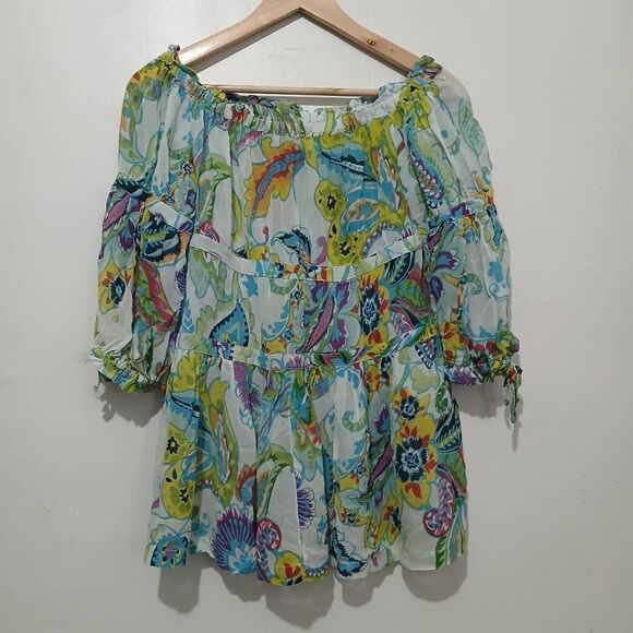 Maeve womens medium off shoulder green paisley 100% viscose silk top sheer - Picture 1 of 8